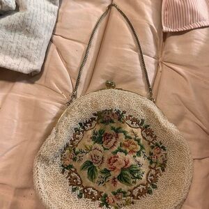 Vintage Cream Floral Tapestry Beaded Bag with Ornate Details